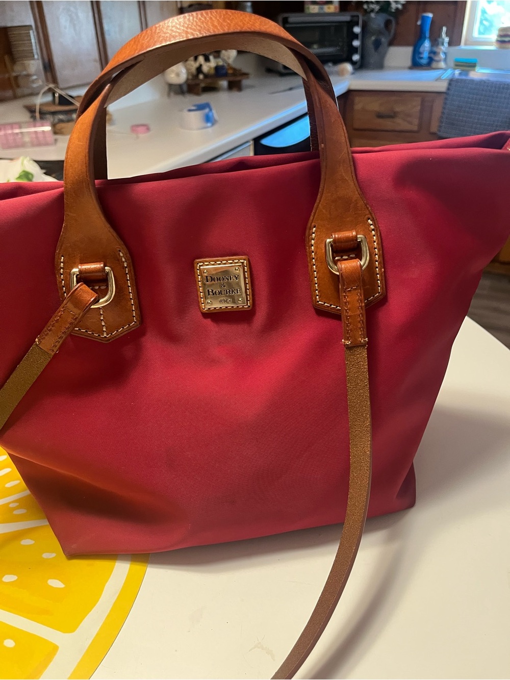 Dooney & Bourke Crimson Red Nylon Tote with Cognac Leather Trim